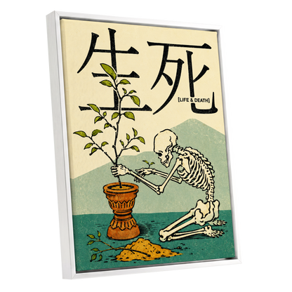 The Skeleton Gardener, beige, black, green nature wall art shown as a white framed canvas wall art