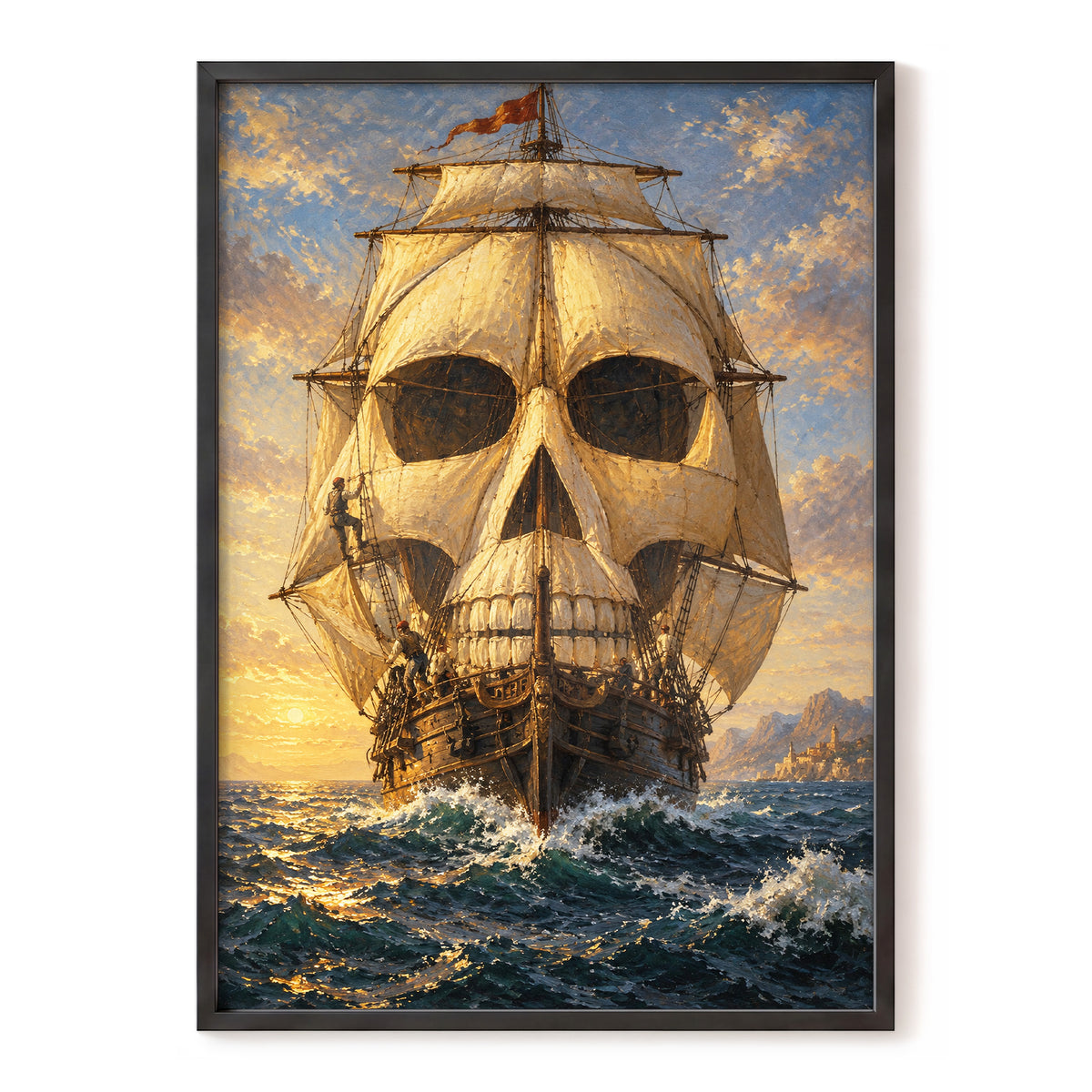 The Skull-Sailed Ship, gold, blue, brown abstract wall art, front artwork view