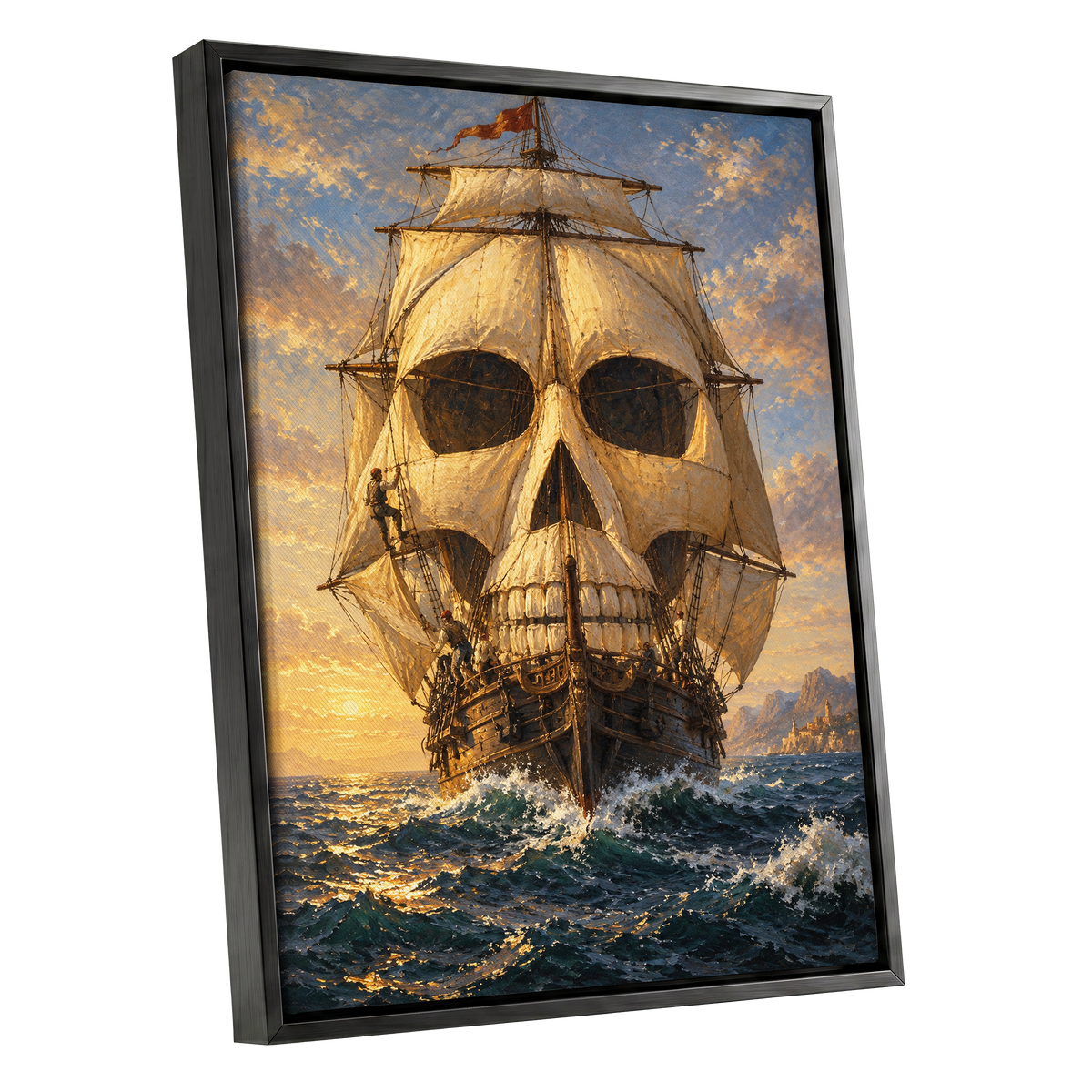 The Skull-Sailed Ship, gold, blue, brown abstract wall art shown as a black framed canvas wall art