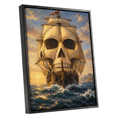 The Skull-Sailed Ship, gold, blue, brown abstract wall art shown as a black framed canvas wall art