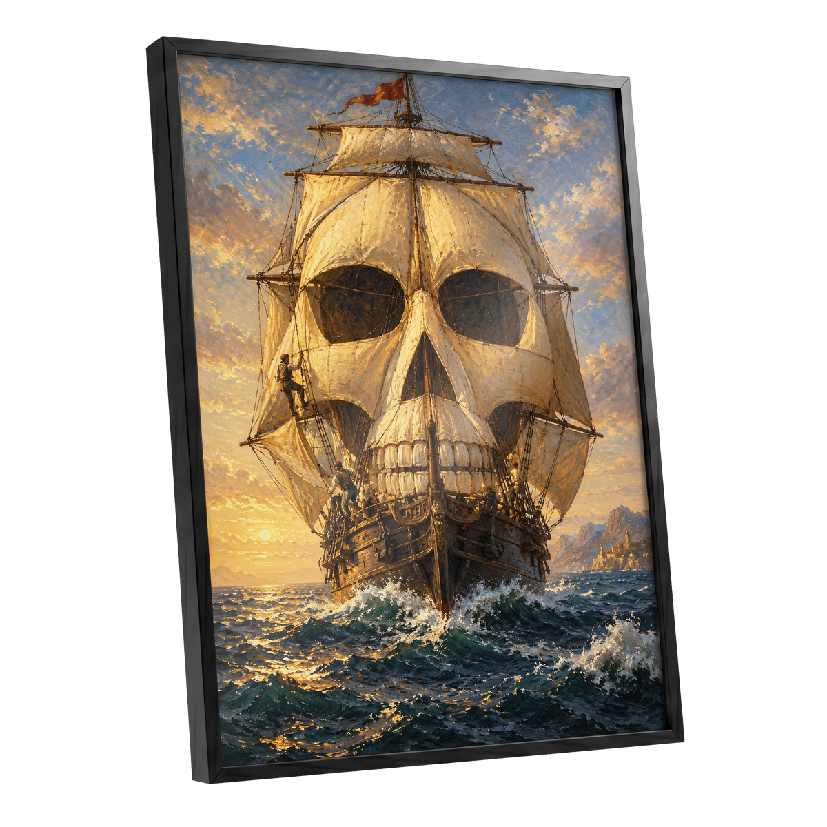 The Skull-Sailed Ship, gold, blue, brown abstract wall art shown as a black framed poster wall art print