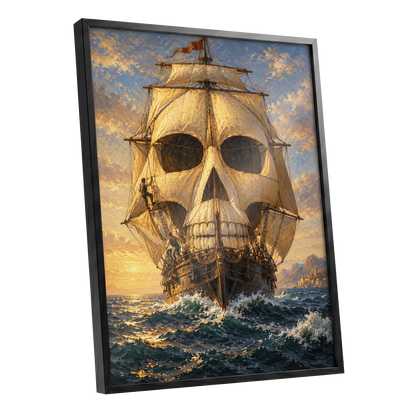 The Skull-Sailed Ship, gold, blue, brown abstract wall art shown as a black framed poster wall art print