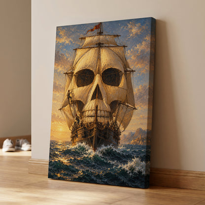 The Skull-Sailed Ship, gold, blue, brown abstract wall art on canvas displayed in a styled interior, gallery view 1