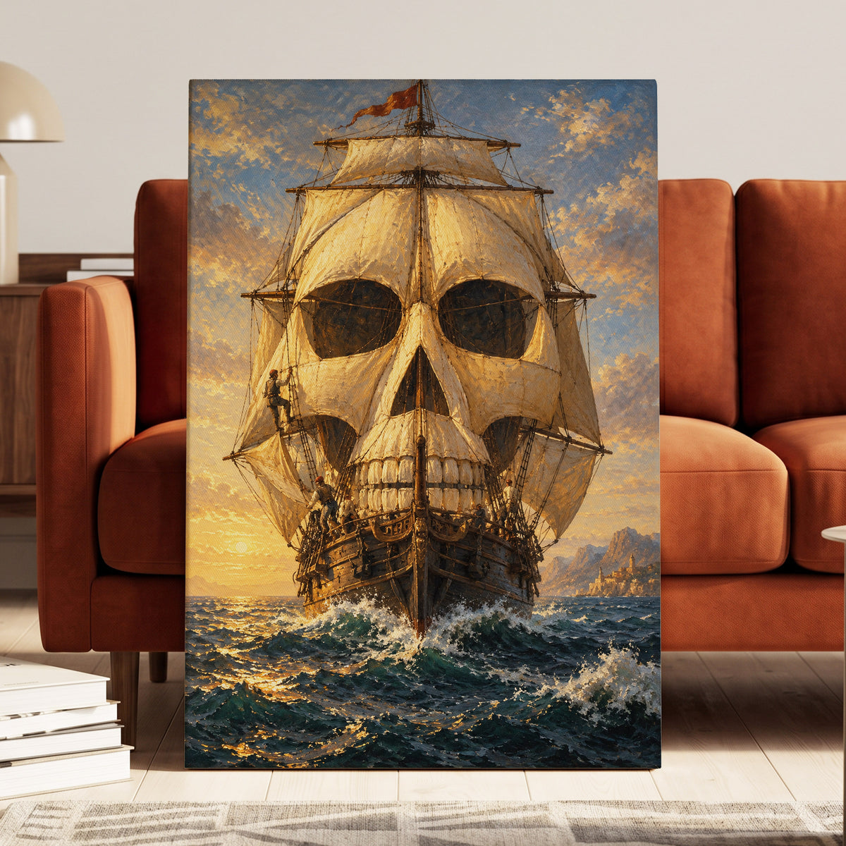The Skull-Sailed Ship, gold, blue, brown abstract wall art on canvas displayed in a styled interior, gallery view 2