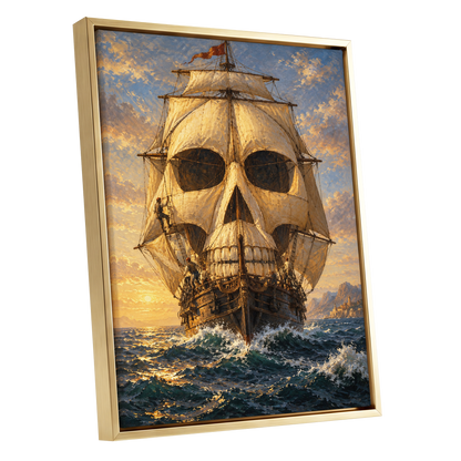 The Skull-Sailed Ship, gold, blue, brown abstract wall art shown as a gold framed canvas wall art