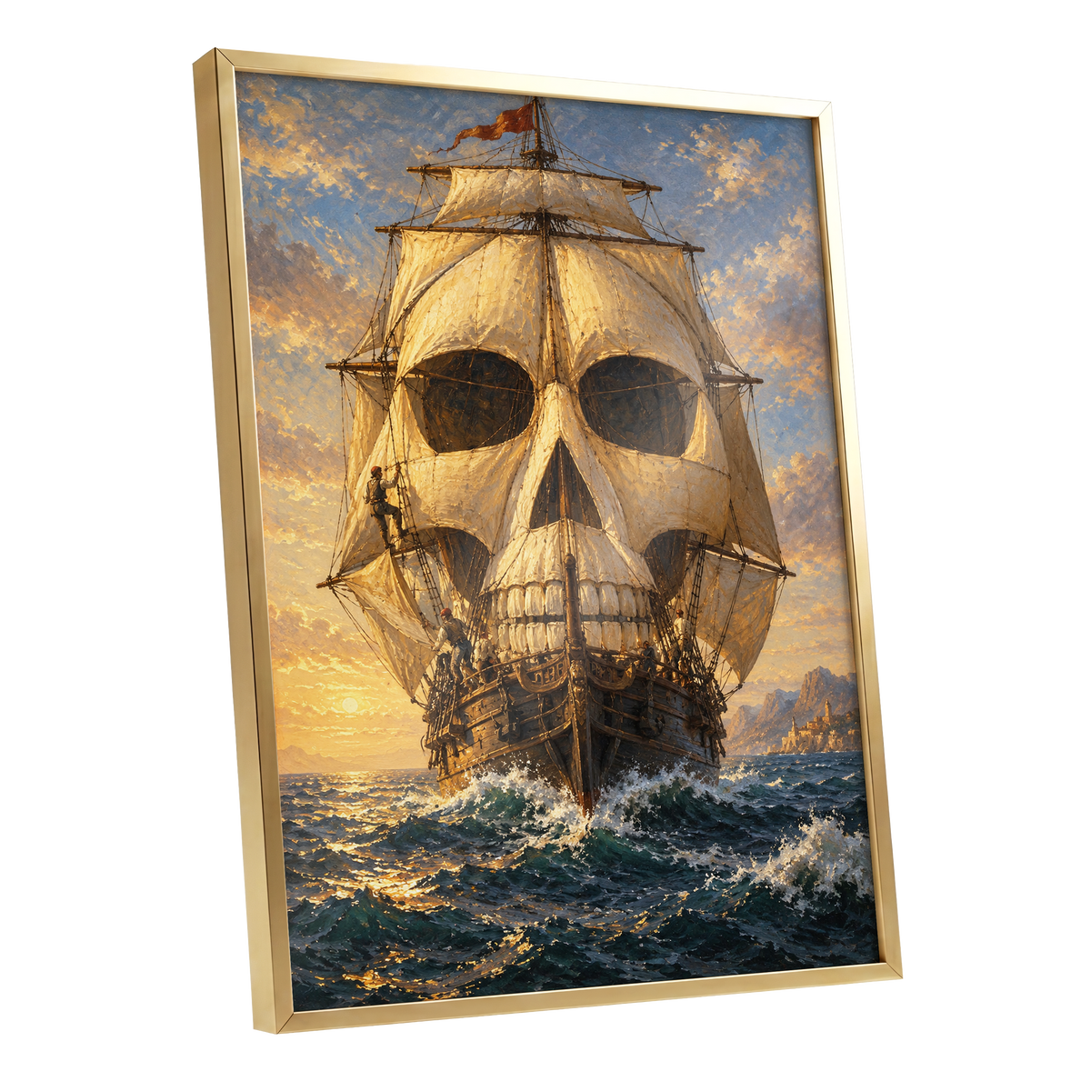 The Skull-Sailed Ship, gold, blue, brown abstract wall art shown as a gold framed poster wall art print