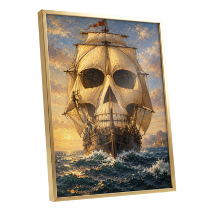 The Skull-Sailed Ship, gold, blue, brown abstract wall art shown as a gold framed poster wall art print