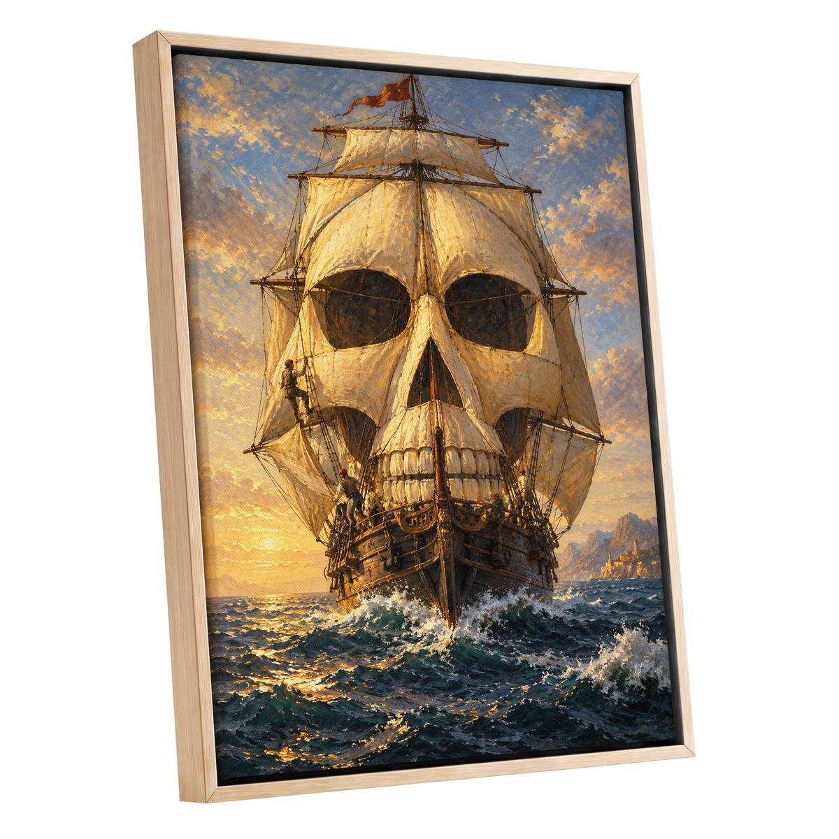 The Skull-Sailed Ship, gold, blue, brown abstract wall art shown as a oak framed canvas wall art