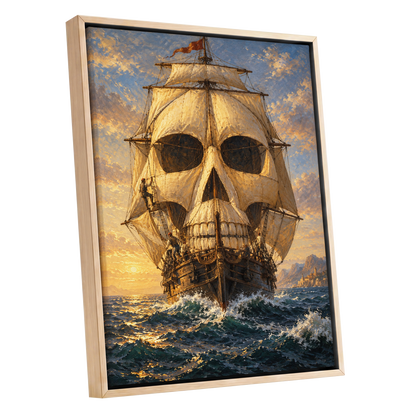The Skull-Sailed Ship, gold, blue, brown abstract wall art shown as a oak framed canvas wall art
