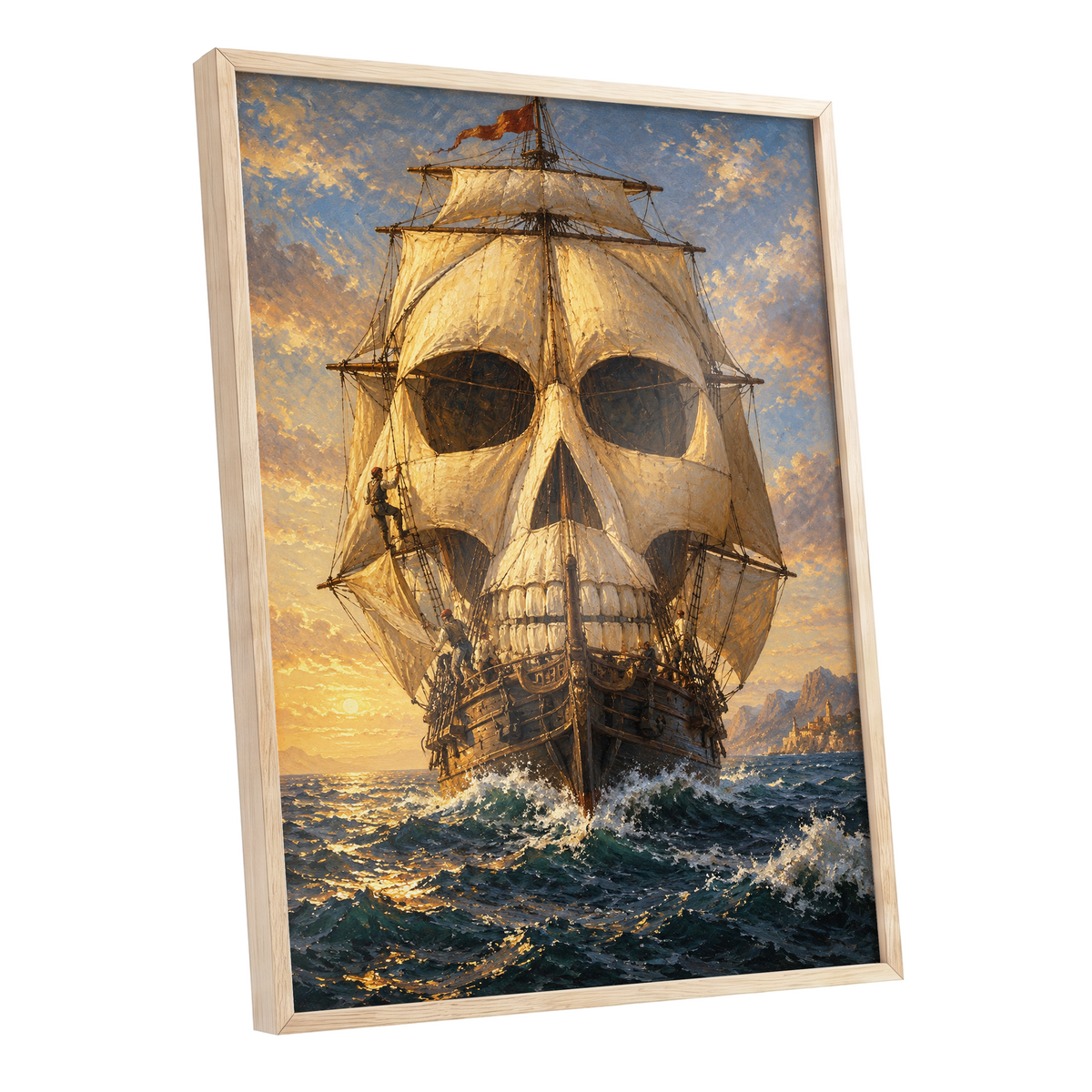 The Skull-Sailed Ship, gold, blue, brown abstract wall art shown as a oak framed poster wall art print