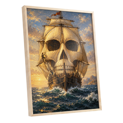 The Skull-Sailed Ship, gold, blue, brown abstract wall art shown as a oak framed poster wall art print