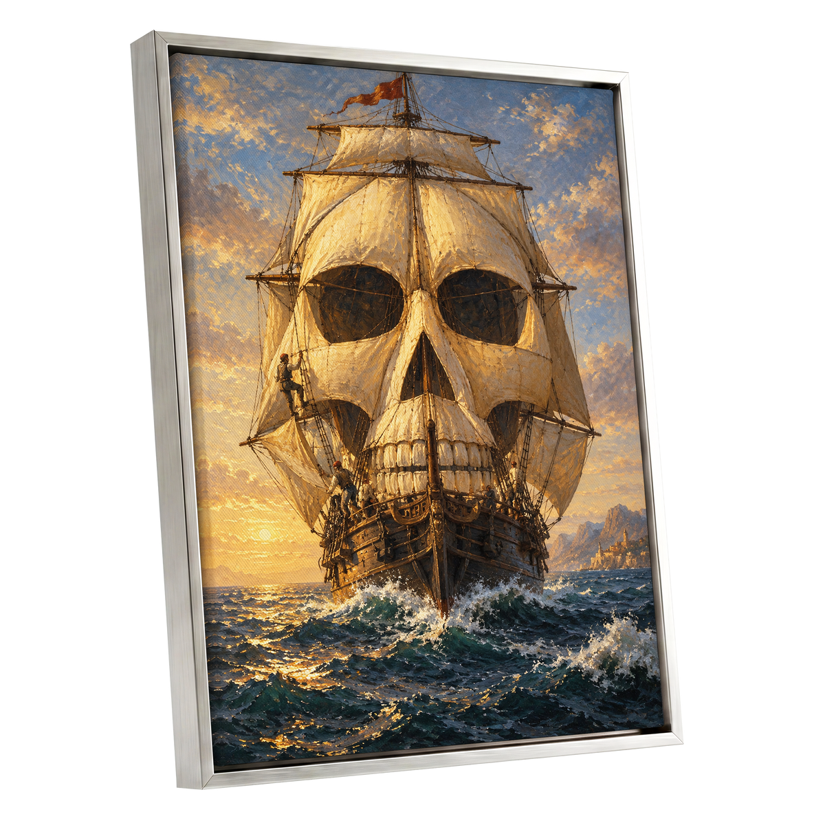 The Skull-Sailed Ship, gold, blue, brown abstract wall art shown as a silver framed canvas wall art