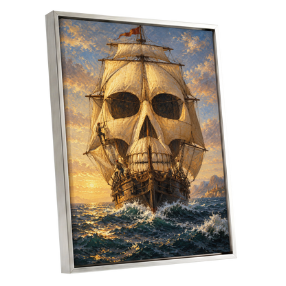 The Skull-Sailed Ship, gold, blue, brown abstract wall art shown as a silver framed canvas wall art
