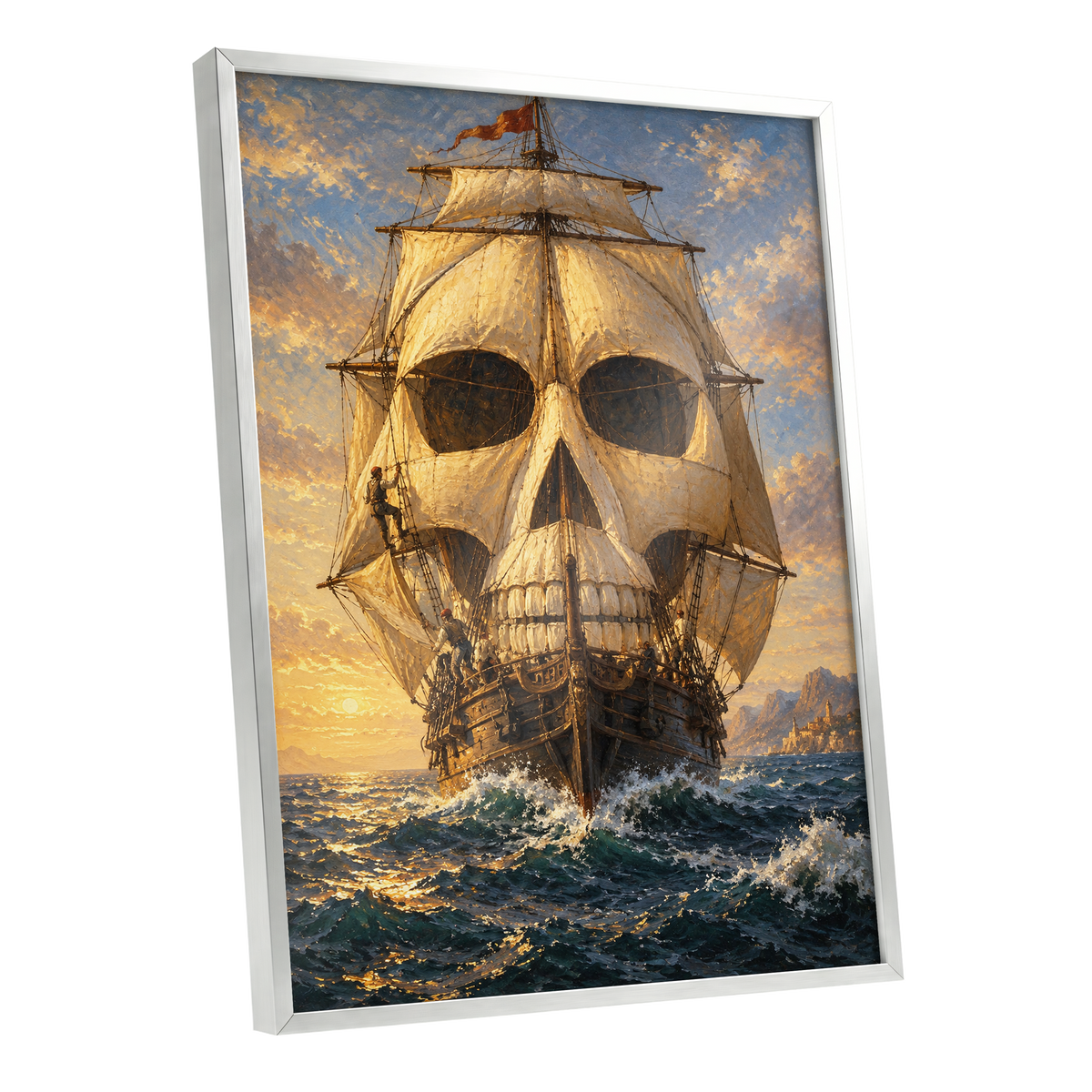 The Skull-Sailed Ship, gold, blue, brown abstract wall art shown as a silver framed poster wall art print