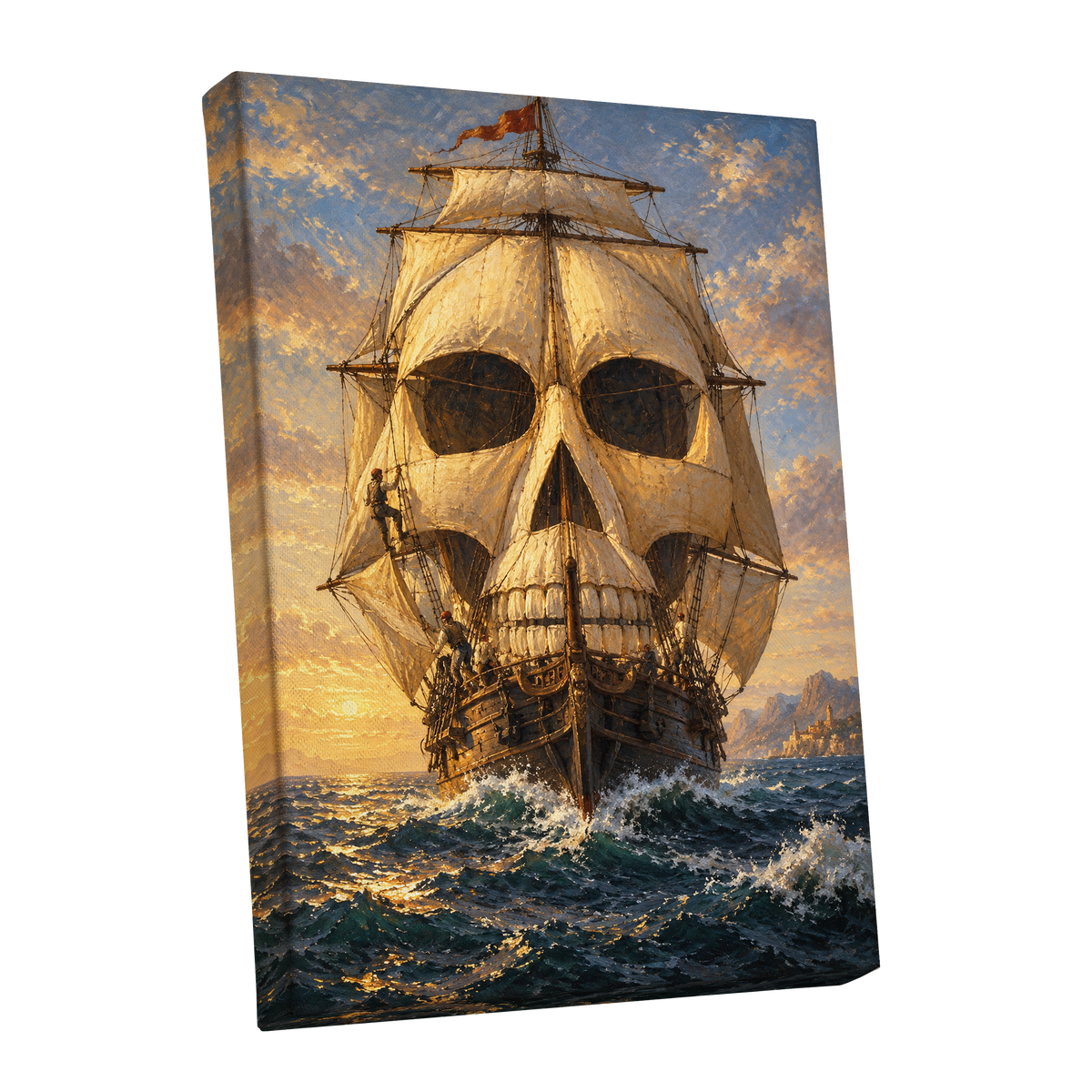 The Skull-Sailed Ship, gold, blue, brown abstract wall art shown as a stretched canvas wall art