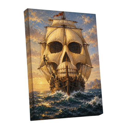 The Skull-Sailed Ship, gold, blue, brown abstract wall art shown as a stretched canvas wall art