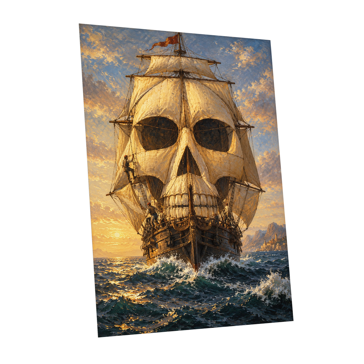 The Skull-Sailed Ship, gold, blue, brown abstract wall art shown as a unframed poster wall art print