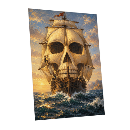 The Skull-Sailed Ship, gold, blue, brown abstract wall art shown as a unframed poster wall art print