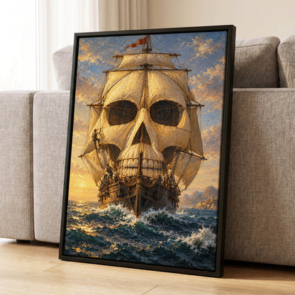 The Skull-Sailed Ship, gold, blue, brown abstract wall art displayed in a styled interior, gallery view 1