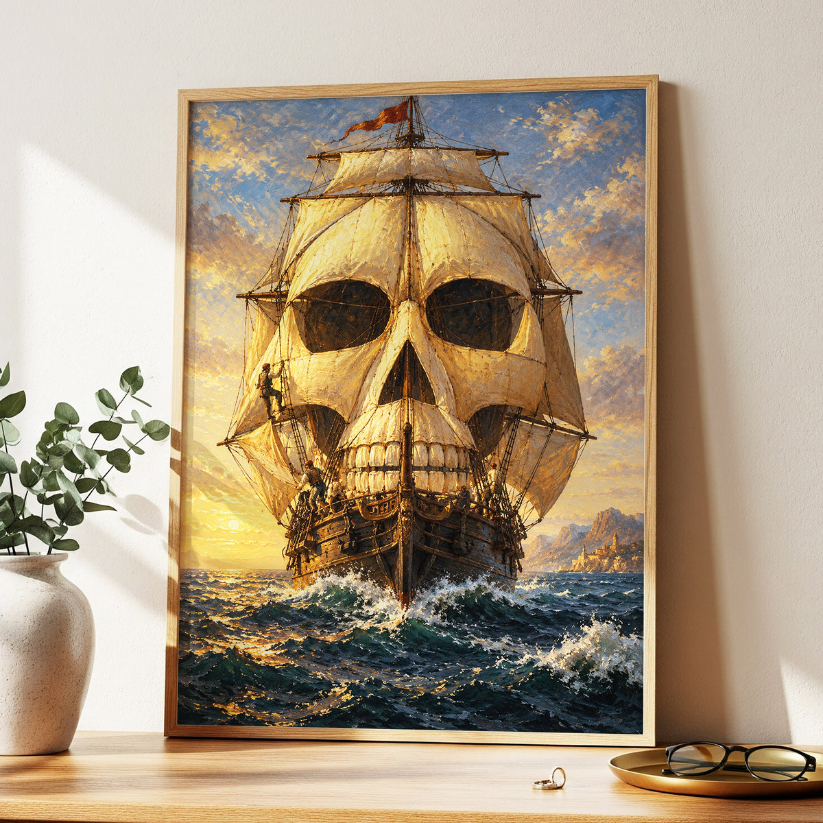 The Skull-Sailed Ship, gold, blue, brown abstract wall art displayed in a styled interior, gallery view 2
