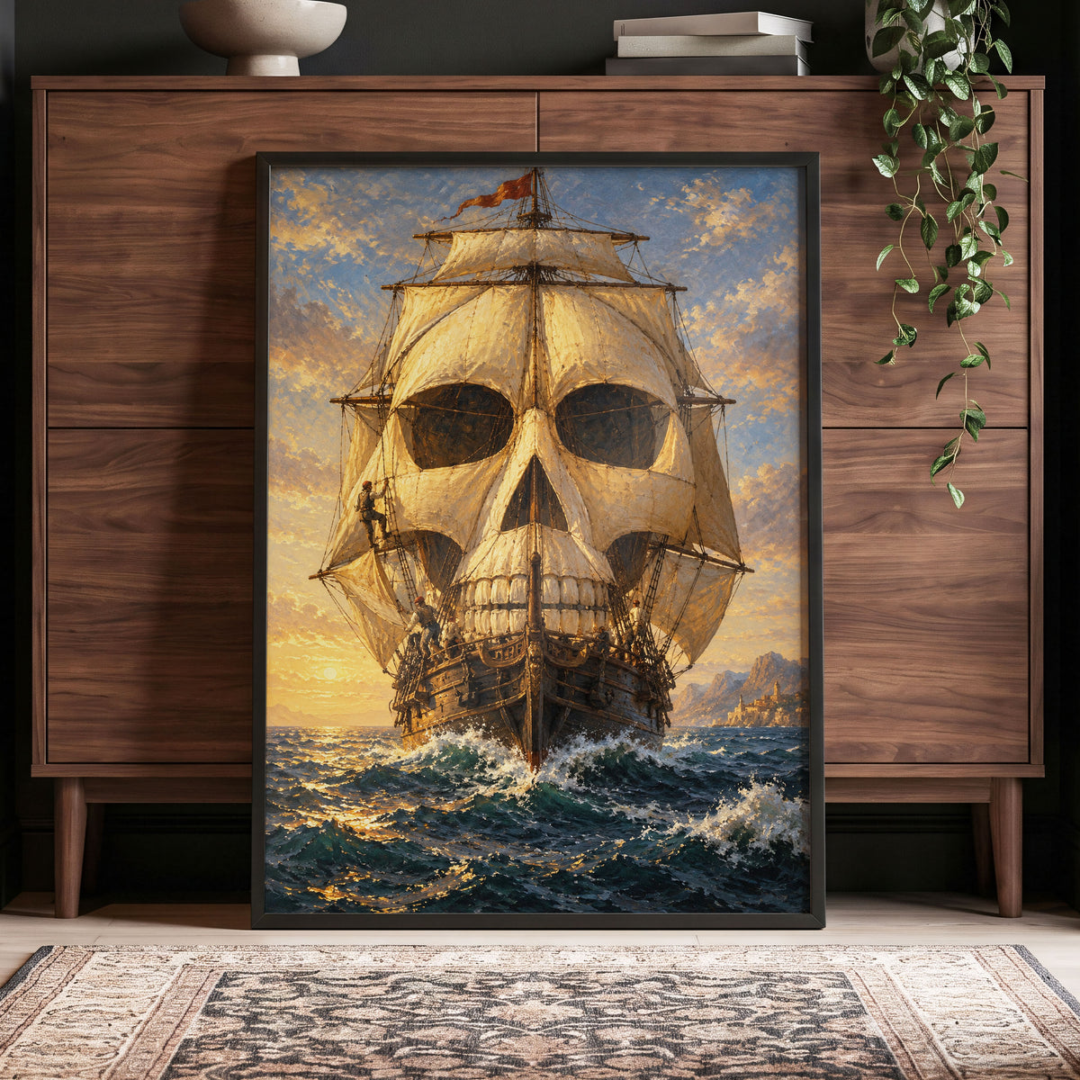 The Skull-Sailed Ship, gold, blue, brown abstract wall art displayed in a styled interior, gallery view 3