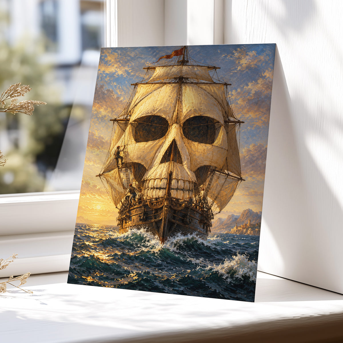 The Skull-Sailed Ship, gold, blue, brown abstract wall art displayed in a styled interior, gallery view 4
