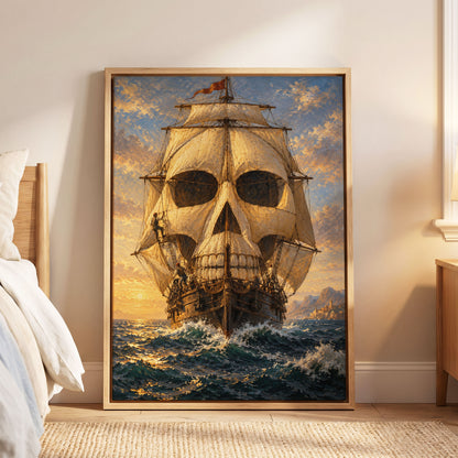The Skull-Sailed Ship, gold, blue, brown abstract wall art displayed in a styled interior, gallery view 5