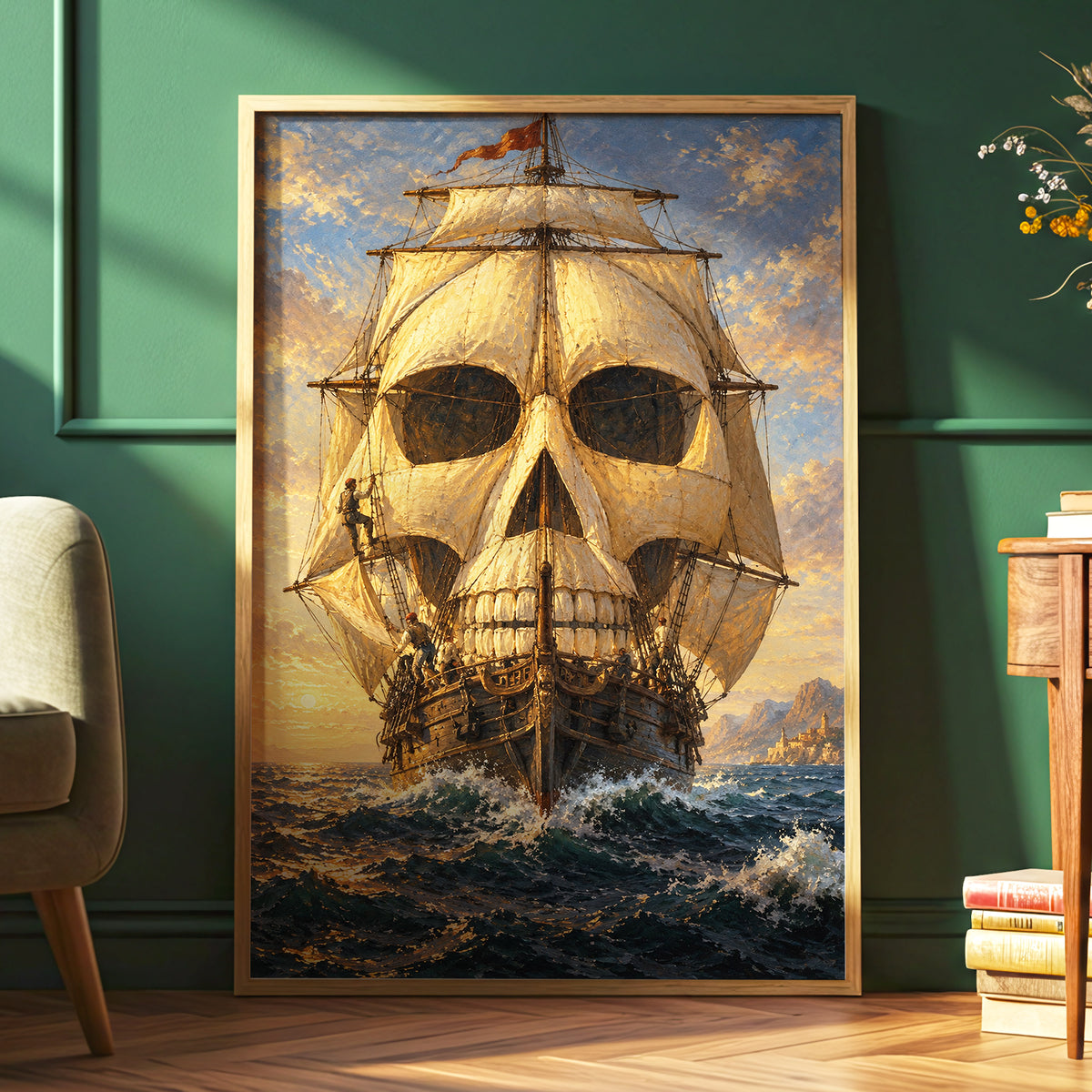 The Skull-Sailed Ship, gold, blue, brown abstract wall art displayed in a styled interior, gallery view 6