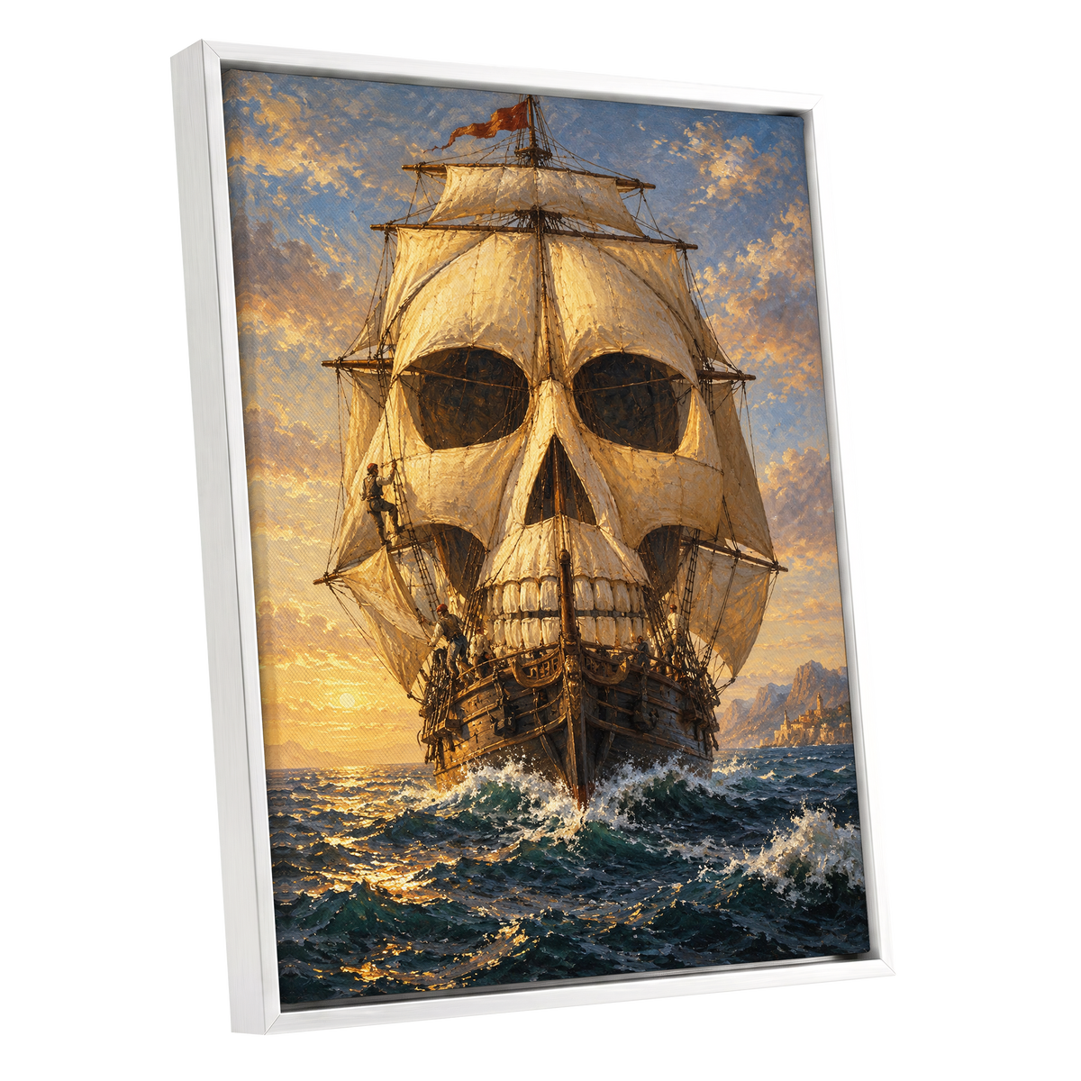 The Skull-Sailed Ship, gold, blue, brown abstract wall art shown as a white framed canvas wall art