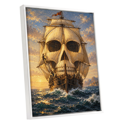 The Skull-Sailed Ship, gold, blue, brown abstract wall art shown as a white framed canvas wall art