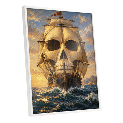 The Skull-Sailed Ship, gold, blue, brown abstract wall art shown as a white framed poster wall art print