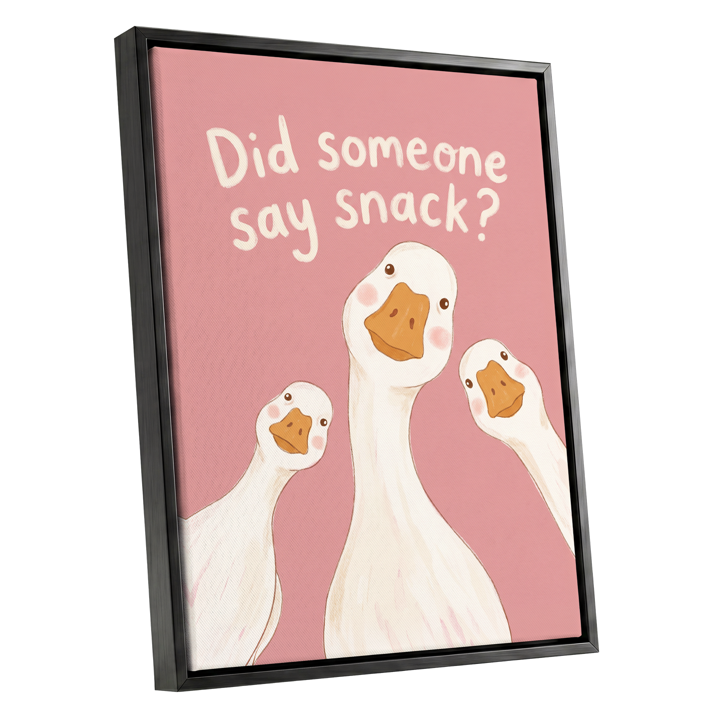 The Snack Committee, pink, white, orange nature wall art shown as a black framed canvas wall art