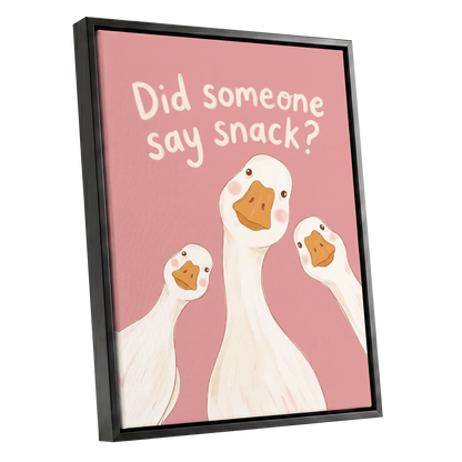 The Snack Committee, pink, white, orange nature wall art shown as a black framed canvas wall art