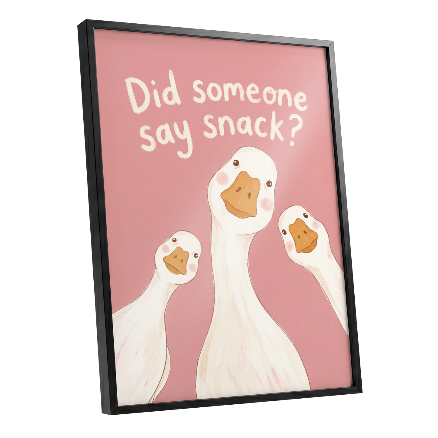 The Snack Committee, pink, white, orange nature wall art shown as a black framed poster wall art print