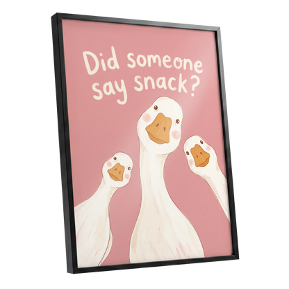 The Snack Committee, pink, white, orange nature wall art shown as a black framed poster wall art print