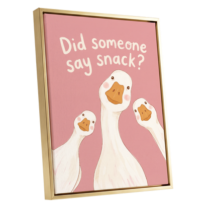 The Snack Committee, pink, white, orange nature wall art shown as a gold framed canvas wall art