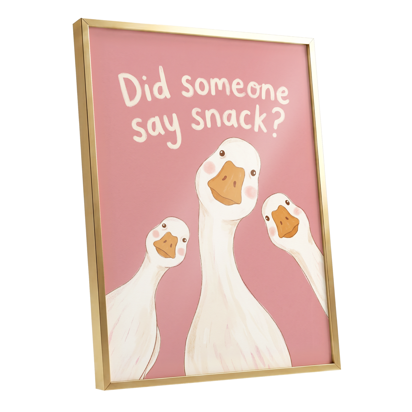The Snack Committee, pink, white, orange nature wall art shown as a gold framed poster wall art print