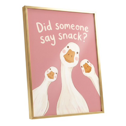 The Snack Committee, pink, white, orange nature wall art shown as a gold framed poster wall art print