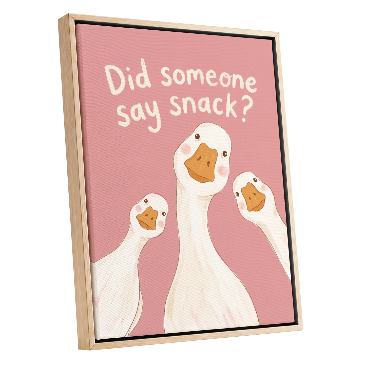 The Snack Committee, pink, white, orange nature wall art shown as a oak framed canvas wall art