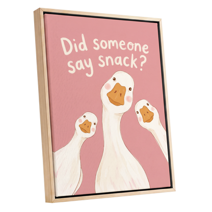 The Snack Committee, pink, white, orange nature wall art shown as a oak framed canvas wall art