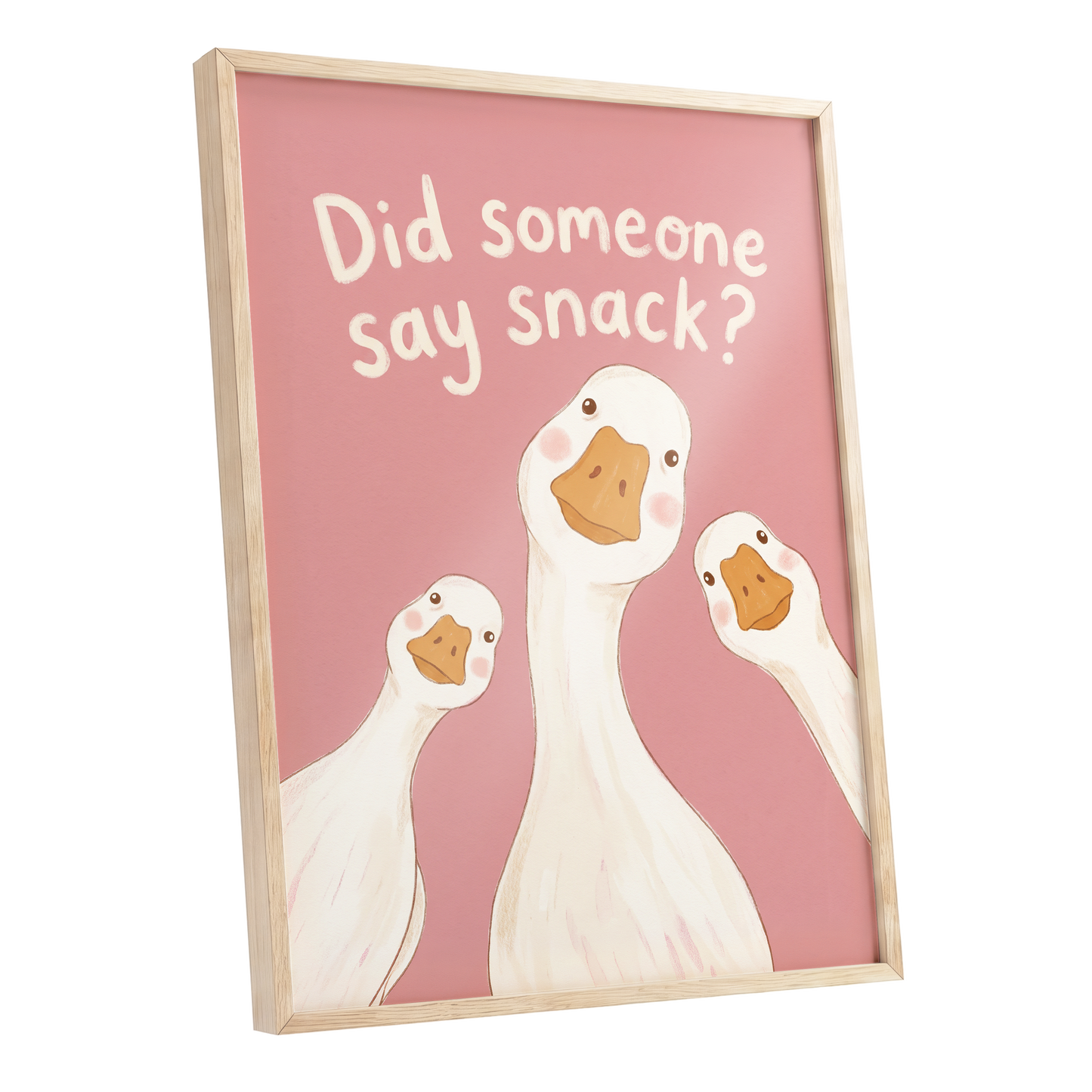 The Snack Committee, pink, white, orange nature wall art shown as a oak framed poster wall art print