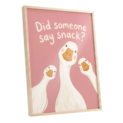 The Snack Committee, pink, white, orange nature wall art shown as a oak framed poster wall art print