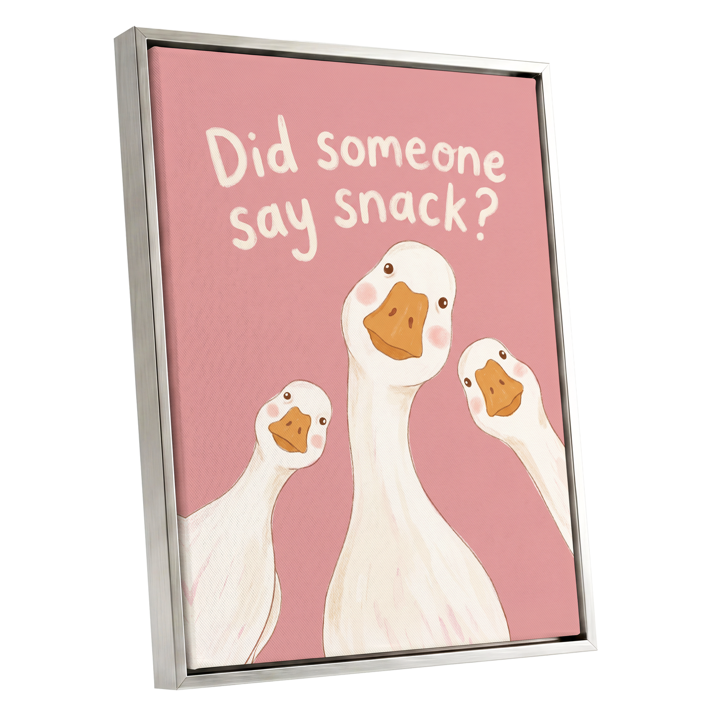 The Snack Committee, pink, white, orange nature wall art shown as a silver framed canvas wall art