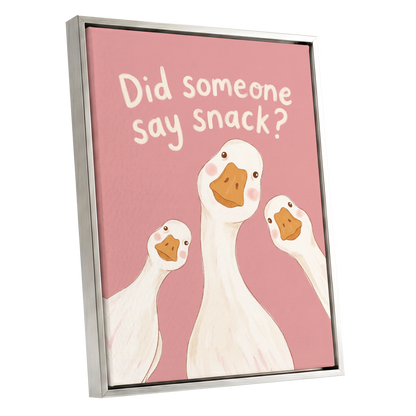 The Snack Committee, pink, white, orange nature wall art shown as a silver framed canvas wall art