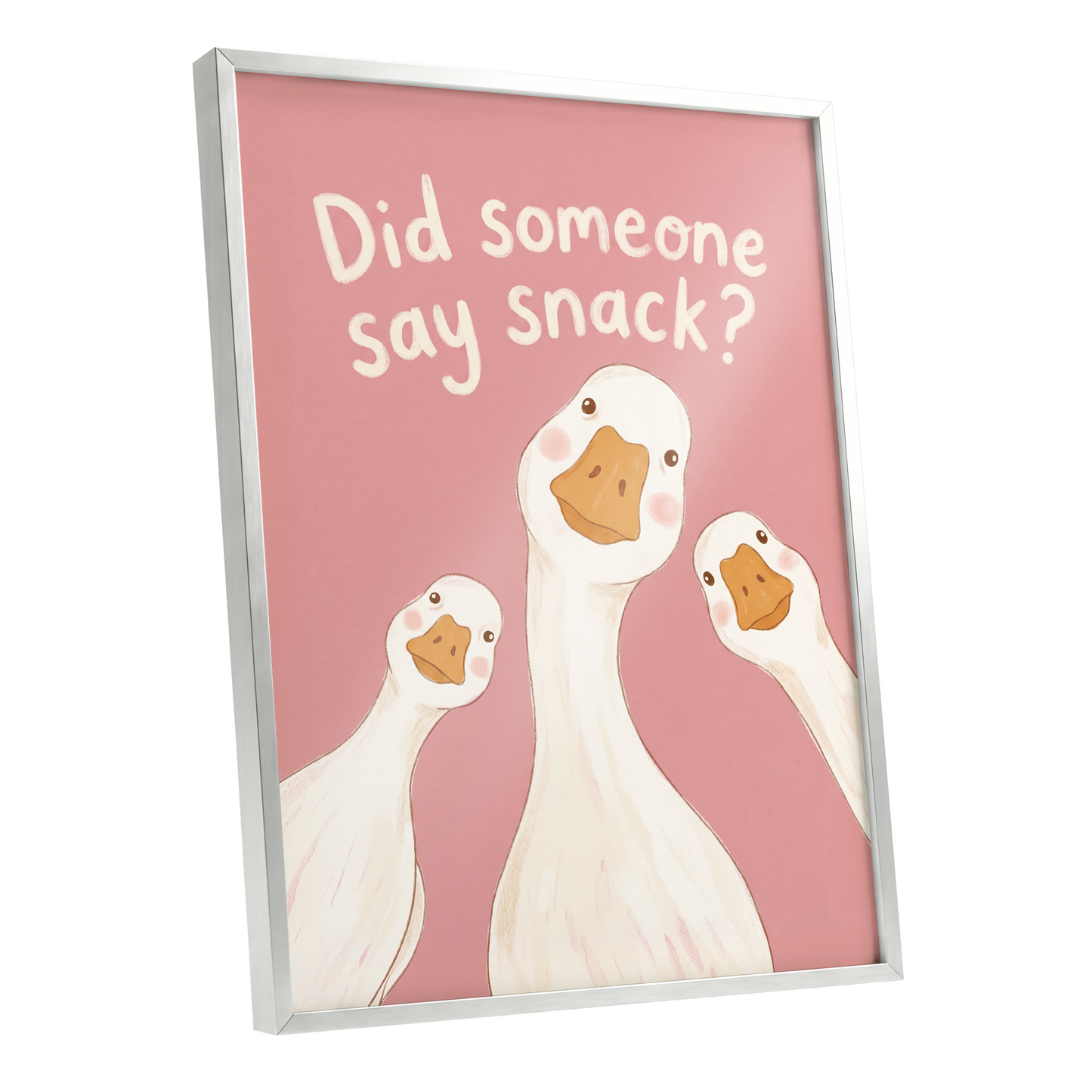 The Snack Committee, pink, white, orange nature wall art shown as a silver framed poster wall art print