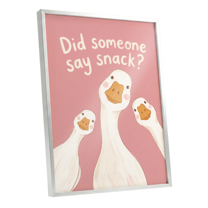 The Snack Committee, pink, white, orange nature wall art shown as a silver framed poster wall art print