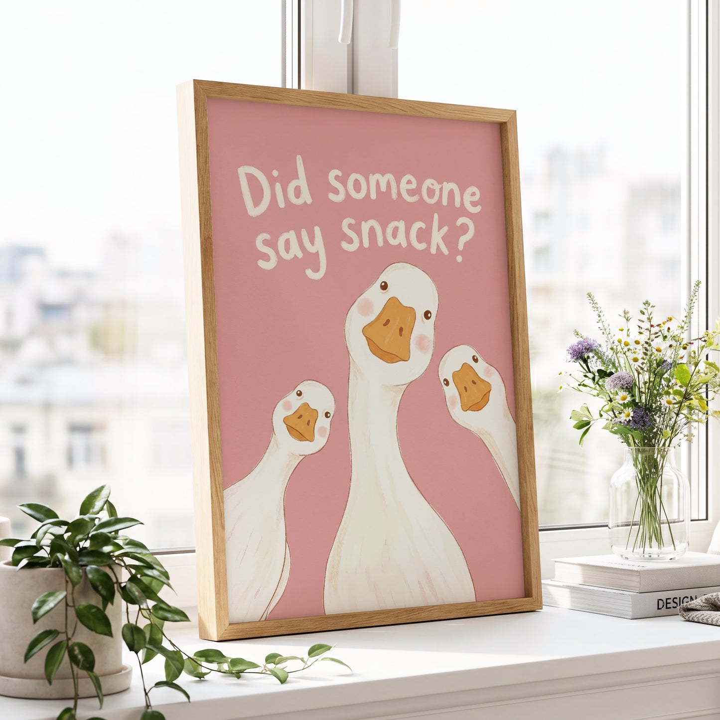 The Snack Committee, pink, white, orange nature wall art displayed in a styled interior, gallery view 2