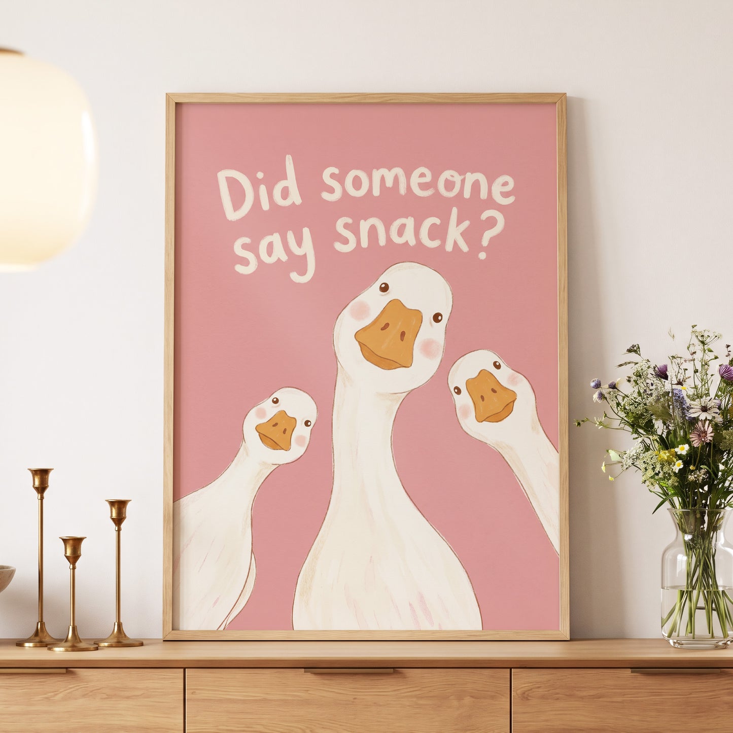 The Snack Committee, pink, white, orange nature wall art displayed in a styled interior, gallery view 6