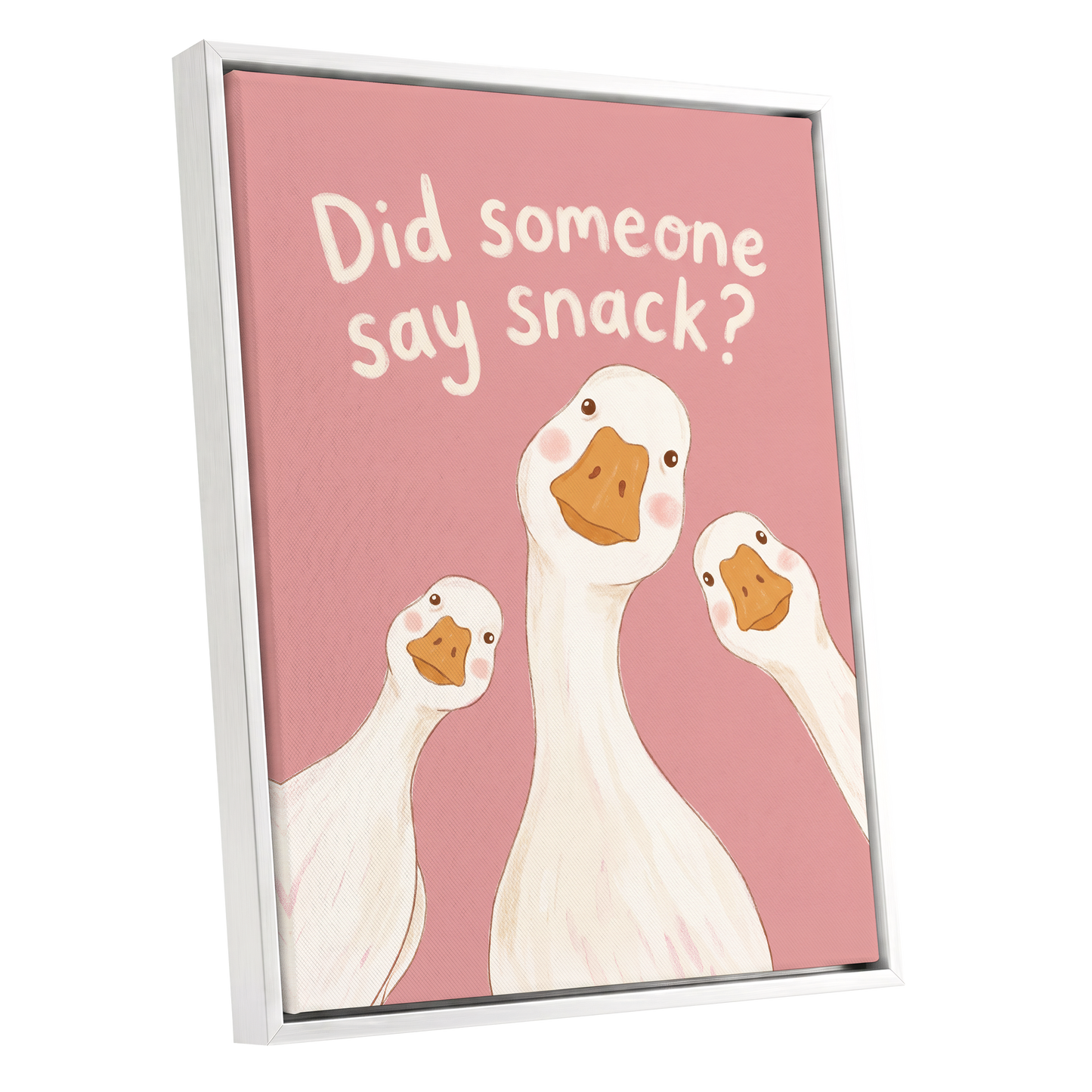 The Snack Committee, pink, white, orange nature wall art shown as a white framed canvas wall art
