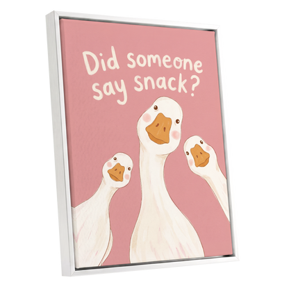 The Snack Committee, pink, white, orange nature wall art shown as a white framed canvas wall art